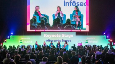  Infosecurity Europe attendees watch a speaker at the Keynote Stage